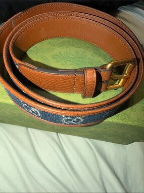Gucci Brown Leather Belt with Blue Denim Accent and Gold Buckle Size 110/44